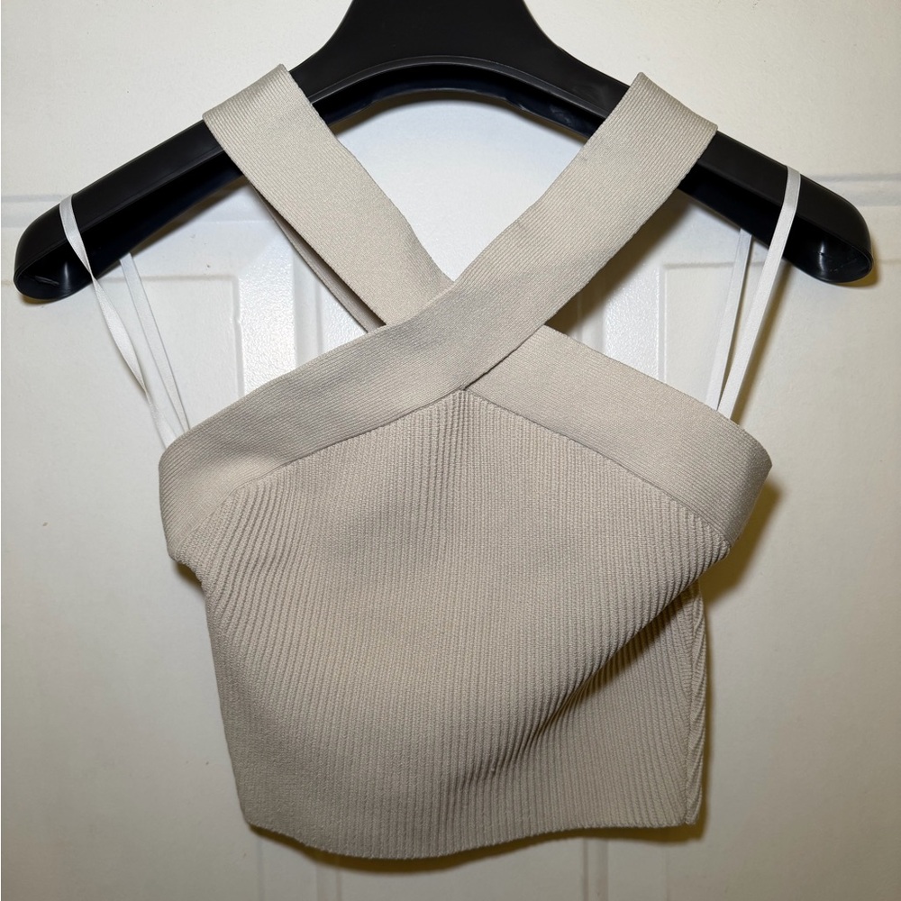 Aritzia Babaton Off White Cross-Back Crop Contour Top